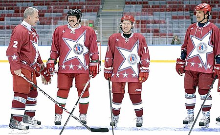 Putin on friendly hockey match in Ice arena "Bolshoy", Sochi, in 2014. With him are Lukashenko, Viacheslav Fetisov and Valeri Kamensky.