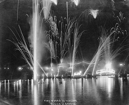 Fireworks display over the lake at the old Venice Amusement Park around 1915