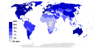Fixed broadband Internet subscriptions in 2012
as a percentage of a country's population
Source: International Telecommunication Union. FixedBroadbandInternetPenetrationWorldMap.svg