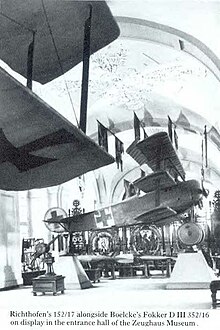 One of Richthofen's Fokker Dr.Is, on display at the Zeughaus Fokker Dr.I at Drzeughaus (museum).jpg