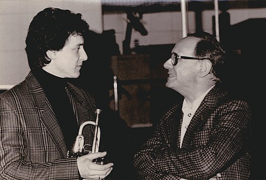 Ennio Morricone while recording a soundtrack with his favorite trumpet player and friend Mauro Maur - Forum Studios in Rome