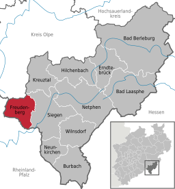 Läget för staden Freudenberg, Westfalen i Kreis Siegen-Wittgenstein