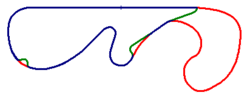 เส้นสีแดง คือเส้นทางเก่าที่ยกเลิกไม่ใช้งานแล้ว เส้นสีเขียว คือเส้นทางที่สร้างใหม่