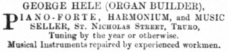 Advertisement from the Royal Cornwall Gazette 15 November 1866 George Hele, Organ Builder.png