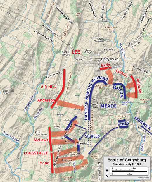 Overview map of the second day of the Battle of Gettysburg, July 2, 1863