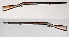 The Remington Rolling Block rifle was one of the first rifles used by the Filipinos and Spanish during the Revolution. Gevar m-1867 Sverige (Typexemplar serienummer 1 - Armemuseum).jpg