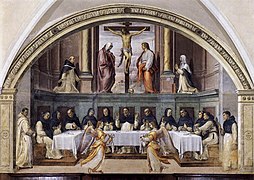 El tema aparece aquí como plano espiritual de otro: Santo Domingo y sus frailes alimentados por los ángeles, de Giovanni Antonio Sogliani (1536).