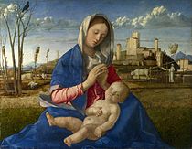 喬瓦尼·貝利尼的《草地上的聖母（英语：Madonna del Prato (Bellini)）》，67.3 × 86.4cm，約作於1500年，自1858年起收藏[35]