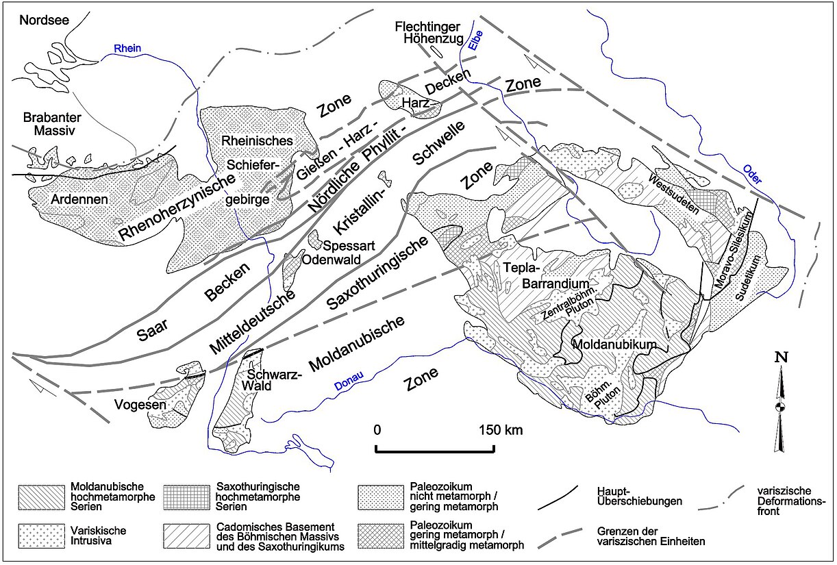 Gliederung der Varisziden in Mitteleuropa nach Kossmat 1927, verändert nach Franke & Hoffmann 1997, Oncken 1997, 1998.