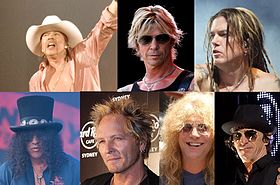 The members of Guns N' Roses inducted into the Rock and Roll Hall of Fame. Top row: Axl Rose, Duff McKagan, Dizzy Reed. Bottom Row: Slash, Matt Sorum, Steven Adler, Izzy Stradlin. Gnr rrhof.jpg