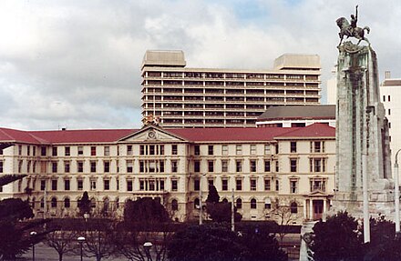 The Old Government Buildings, with the cenotaph in the foreground and NZ Post headquarters behind.