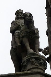 Statue of King Gradlon at Quimper Cathedral, by sculptors Amedee Menard and Alphonse Le Brun (1858) Gradlon-statue-quimper.JPG