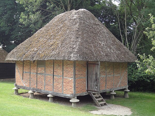 Granary sitting on staddle stones at the Weald and Downland Open Air Museum.