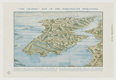 Map of the Dardanelles drawn by G.F. Morrell, 1915, showing the Gallipoli peninsula and the west coast of Turkey, as well as the location of front line troops and landings during the Gallipoli Campaign.