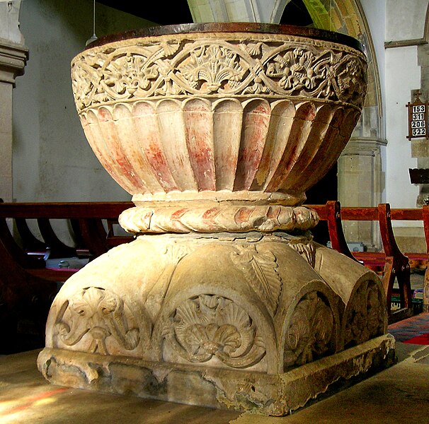 File:Great Kimble. St Nicholas church. Font (Aylesbury type) from west.jpg