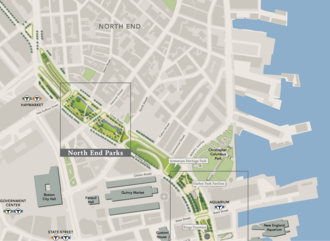 Rose Kennedy Greenway map detail showing location of North End Parks adjacent to Boston's North End. Greenway map detail showing North End Parks.png