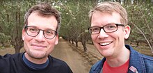 John (left) and Hank Green (right) during their 2017 book tour Hank and John Green (Vlogbrothers) 2017.jpg