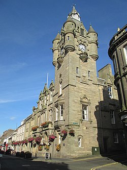 Hawick Town Hall from High Street & Cross Wynd junction (geograph 6289781).jpg
