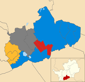 Map of the results of the 2002 Hertsmere council election. Conservatives in blue, Labour in red and Liberal Democrats in yellow. Wards in grey were not contested in 2002. Hertsmere UK local election 2002 map.svg