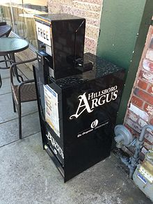 Argus distribution box in Forest Grove, Oregon Hillsboro Argus newspaper box - Forest Grove, Oregon.jpg