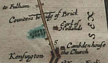 Holland House shown as "Earl of Hollands" on a 1675 map by John Ogilby Holland House in an Ogilby map 1675.jpg
