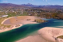 Aerial view of Ostan Gaoth Dobhair, Magheraclogher beach, bad eddie and some of the surrounding area. Hotel, beach, and shipwreck south of R257 at Bunbeg - geograph.org.uk - 1159653.jpg