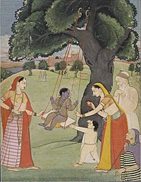 Яшода и Нанда качают маленького Кришну на качелях