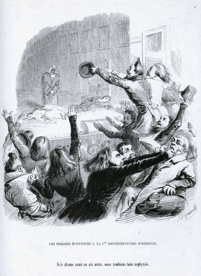 « Les Romains échevelés à la première représentation d'Hernani », gravure de Grandville (1836).