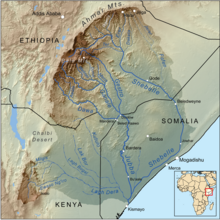 The Mena River shown as a tributary of the Ganale River in Bale Zone, eastern Ethiopia Jubbarivermap.png