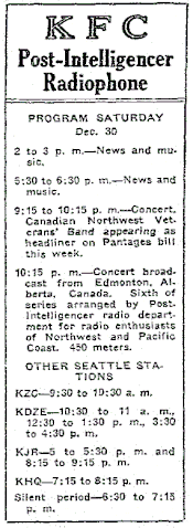 Final program listing (December 30, 1922). The station license was canceled the next month. KFC Seattle's broadcasting schedule December 30, 1922.gif