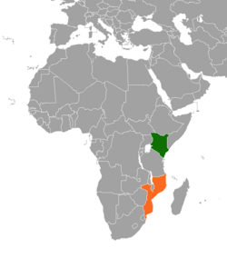 Mapa indicando localizações do Quênia e Moçambique