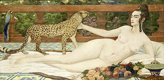 Painting of a nude woman reaching out to pet a leopard. A parrot is perched on the left.