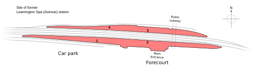 Leamington station layout, showing the main building and platforms