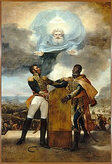 Petion and Dessalines swearing allegiance to each other before God; painting by Guillon-Lethiere Le Serment des Ancetres, 1823.jpg