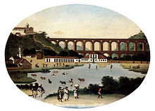 Canvas by Leandro Joaquim (1790) showing the Carioca Aqueduct in Rio de Janeiro. Also seen is the Santa Teresa Convent, scenographically placed on the hill. The lagoon in the foreground was filled in for the construction of the Passeio Publico. LeandroJoaquim-1790-Arcos.jpg