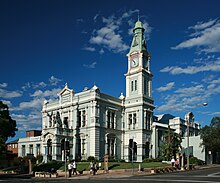 Leichhardt Town Hall, seat of the former Leichhardt council, now one of the three seats of the Inner West Council Leichhardt Town Hall corner.jpg
