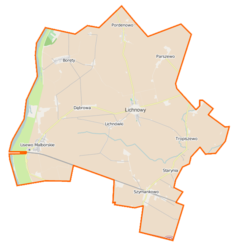 Mapa konturowa gminy Lichnowy, po lewej znajduje się punkt z opisem „Lisewo Malborskie”