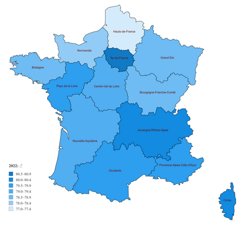 Life expectancy in the regions of metropolitan France in 2022 for male and female[1]