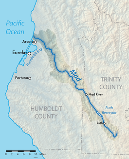 Course of the river and catchment area of ​​the Mad River