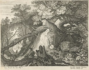 Egidius Sadeler (Nach Roelant Savery). Man en vier geiten bij een waterval . zwischen 1603 und 1629 date QS:P,+1650-00-00T00:00:00Z/7,P1319,+1603-00-00T00:00:00Z/9,P1326,+1629-00-00T00:00:00Z/9 . Stich. 22,2 × 28,6 cm. Verschiedene Sammlungen.