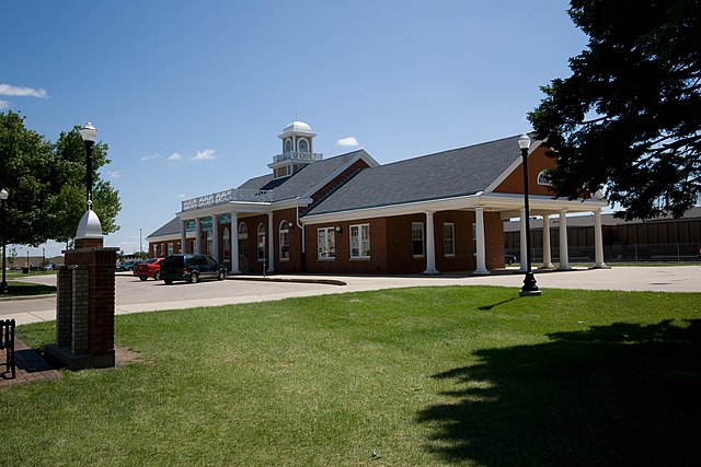 The historic Northern Pacific railroad depot in the Mandan Commercial Historic District, which now contains a German restaurant