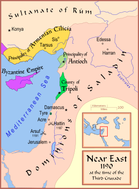 The Near East in 1190 (Cyprus in purple) Map Crusader states 1190-en.svg