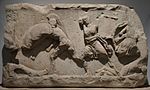 Thumbnail for File:Marble slab of the Amazon frieze of the Mausoleum of Halikarnassos representing combats between Greeks and Amazons, Mausoleum at Halikarnassos, around 350 BC, British Museum (17492097581).jpg