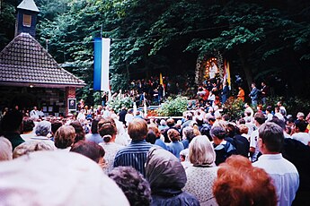 In Marpingen, Germany, Our Lady is said to have appeared several times to three groups of visionaries: in 1876-1877, then in 1934-1936, and finally in 1999. The investigation conducted by the Bishop of Trier after the last apparition concluded in 2005 that "the events in Marpingen cannot be confirmed as being of supernatural origin". MarpingenErscheinungen1999L1070006 (2).jpg