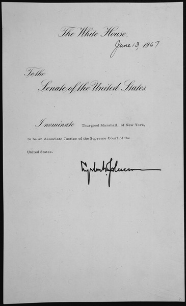 File:Message of President Lyndon B. Johnson nominating Thurgood Marshall of New York to be an Associate Justice of the Suprem - NARA - 306369.tif