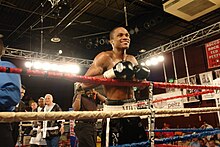 Mike Jones at the venue for his ninth professional fight against Doel Carrasquillo on July 20, 2007 Mike Jones boxing at New Alhambra Arena.jpg