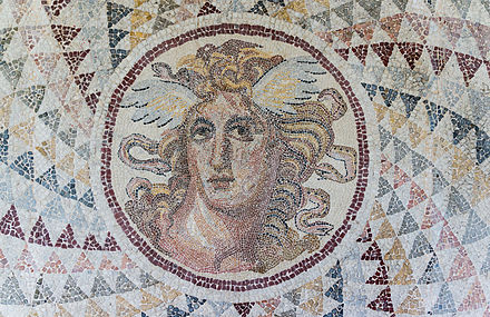 Detail of a 2nd-century A.D. Roman mosaic of Medusa that was found in Piraeus and is now in the National Archaeological Museum in Athens