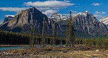 Mount Fryatt centered behind its outliers as seen from the Icefields Parkway