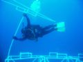 Astronaut/aquanaut Doug Wheelock appears to be flying as he egresses waterlab in the waters off the Florida Keys as part of NEEMO 6 activity.