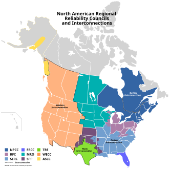 The three major and two minor NERC Interconnections, and the nine NERC Regional Reliability Councils. NERC-map-en.svg